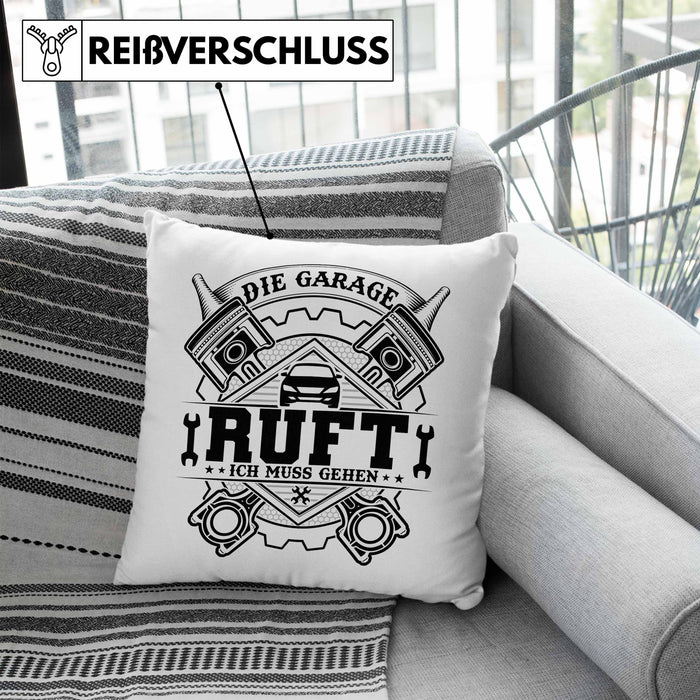 KFZ Mechaniker Kissen mit Füllung 40x40 Geschenk Spruch Männer KFZ Mechatroniker Geschenkidee Werkstatt Die Garage Ruft (Grau) Blau Trendation