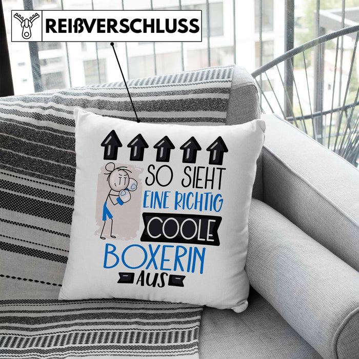 Boxerin Geschenk Kissen mit Füllung 40x40 Lustig Geschenkidee für Boxerin Geburtstag So Sieht Eine Richtig Coole Boxerin Aus Frauen Spruch (Grau) Blau Trendation