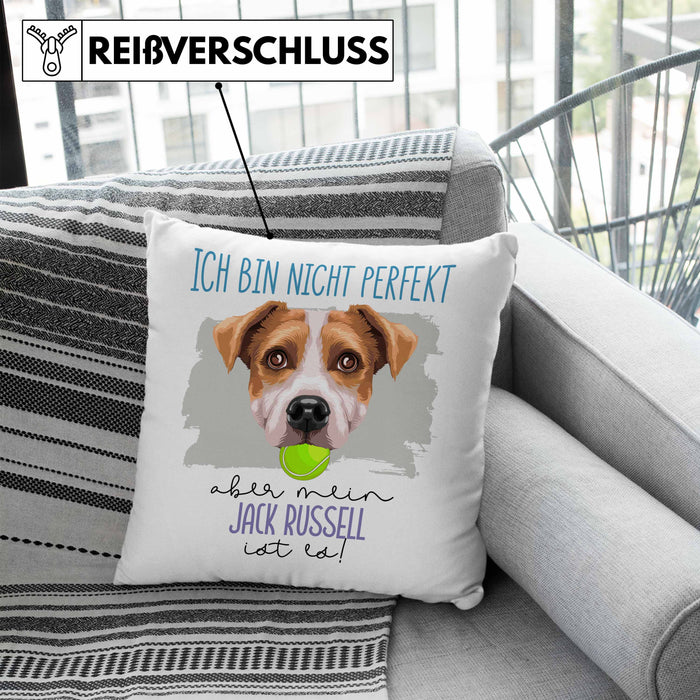 Jack Russell Besitzer Kissen mit Füllung 40x40 Geschenk Lustiger Spruch Geschenkidee Besitzerin Ich Bin Nicht toll Aber Mein Jack Russell Ist Es (Grau) Blau Trendation