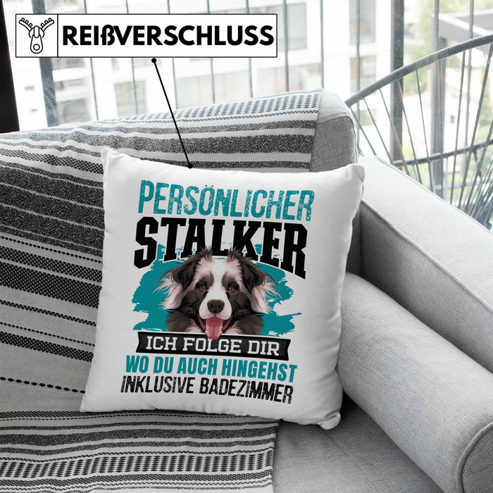 Border Collie Kissen mit Füllung 40x40 Geschenk Hundebesitzer Bordercollie Geschenkidee Kaffee-Kissen mit Füllung 40x40 Persönlicher Stalker (Grau) Blau Trendation