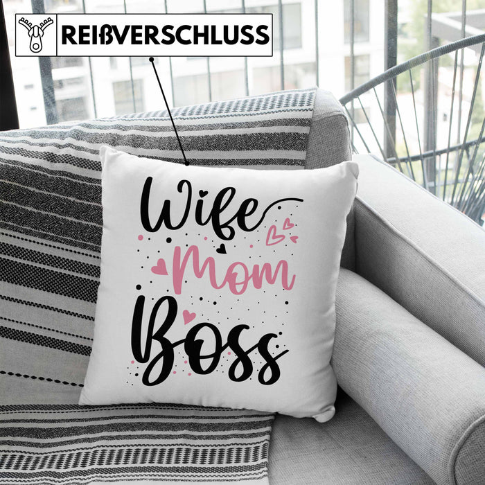 Wife Mom Boss Kissen mit Füllung 40x40 Geschenk Mutter Mama zum Muttertag Muttertagsgeschenk (Grau) Blau Trendation