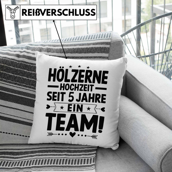 Hölzerne Hochzeit Kissen mit Füllung 40x40 Geschenk Ehemann Ehefrau Partner 5 Jahre Ein Team (Grau) Blau Trendation