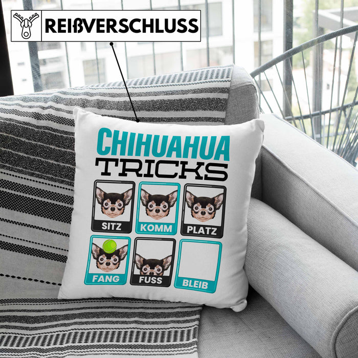 Chihuahua Besitzer Kissen mit Füllung 40x40 Geschenk Lustiger Spruch Geschenkidee Chihuahua Tricks Bleib (Grau) Rosa Trendation
