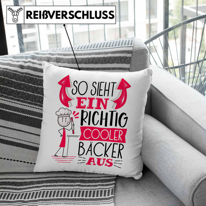 Bäcker Kissen mit Füllung 40x40 Geschenk So Sieht Ein RIchtig Cooler Bäcker Aus Geschenkidee Lustiger Spruch Geburtstag (Grau) Blau Trendation
