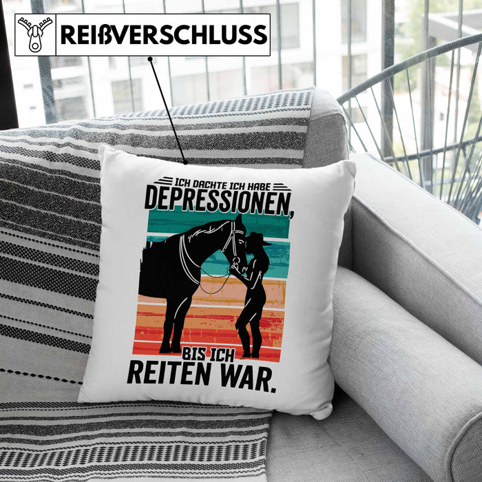 Reiterin Geschenk Kissen mit Füllung 40x40 Spruch Ich Dachte Ich Habe Depressionen Bis Ich Reiten War Geschenkidee (Grau) Grau Trendation