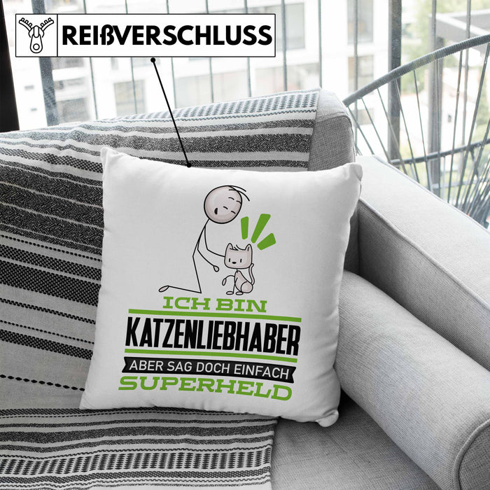 Katzenliebhaber Geschenk Kissen mit Füllung 40x40 Ich Bin Katzenliebhaber Aber Sag Doch Einfach Superheld Lustige Geschenkdiee für Katzenliebhaber (Grau) Blau Trendation
