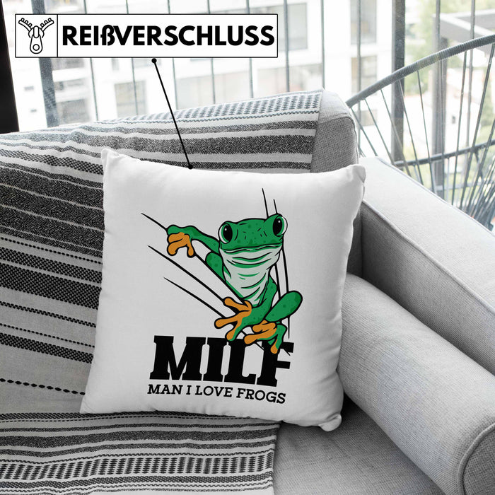 Lustige Frosch Kissen mit Füllung 40x40 Geschenk für Froschliebhaber Lustig MILF Man I Love Frogs (Grau) Grün Trendation