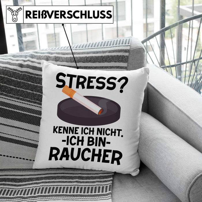 Raucher Geschenk Kissen mit Füllung 40x40 Spruch Stress? Kenne Ich Nicht Ich Bin Raucher Geschenkidee Zigaretten (Grau) Grün Trendation