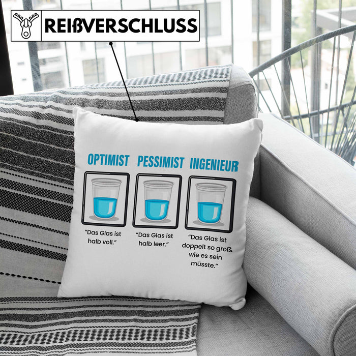 Ingenieur Kissen mit Füllung 40x40 Geschenk Spruch Geschenkidee für Ingenieure Das Glas Ist Doppelt So Groß Wie Es Sein Muss (Grau) Grün Trendation