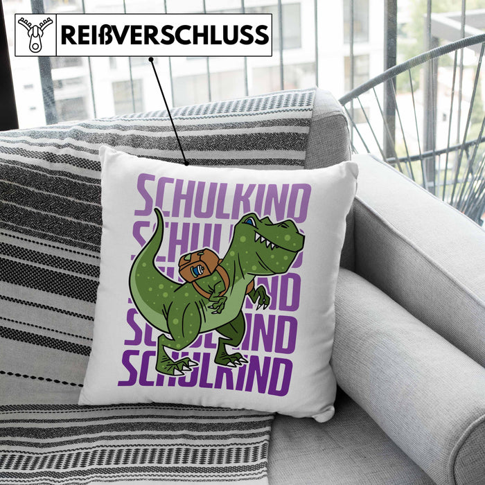 Einschulung Kissen mit Füllung 40x40 Geschenk Jungs Erster Schultag: Lustige T-Rex Dino Kissen mit Füllung 40x40 für Schulkind (Grau) Grün Trendation