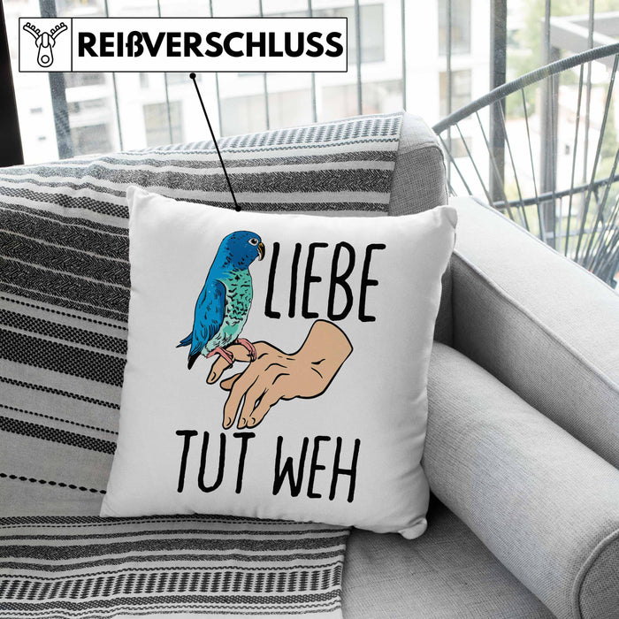 Lustige Wellensittich-Kissen mit Füllung 40x40 Geschenk für Wellensittich-Besitzer Liebe Tut Weh (Grau) Rosa Trendation