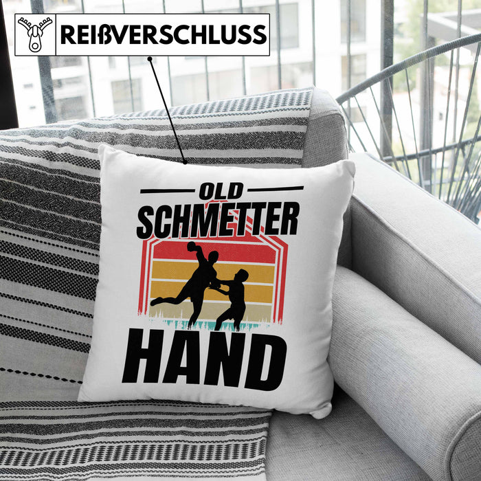 Handball Geschenk Kissen mit Füllung 40x40 Geschenkidee Handball-Spieler Handballspielerin Mädchen Jungs Old Schmetterhand (Grau) Rosa Trendation