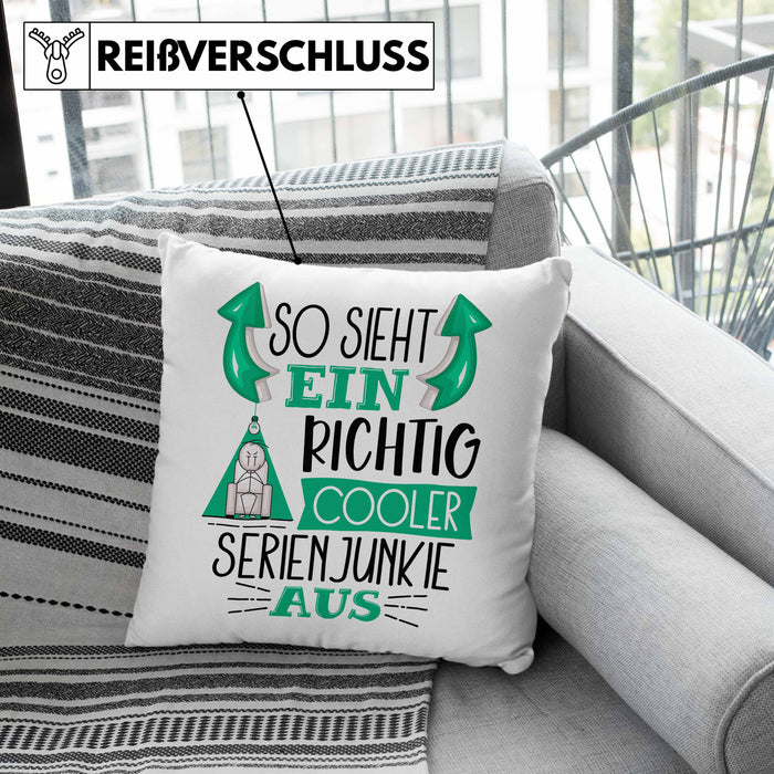 So Sieht Ein Richtig Cooler Serienjunkie Aus Geschenk Kissen mit Füllung 40x40 Lustiger Spruch Geschenkidee (Grau) Rosa Trendation