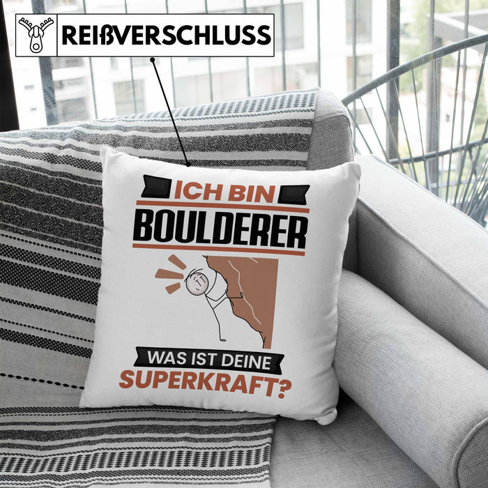 Boulderer Kissen mit Füllung 40x40 Geschenk für Boulderer Geburtstag Lustiger Spruch Was Ist Deine Superkraft (Grau) Blau Trendation