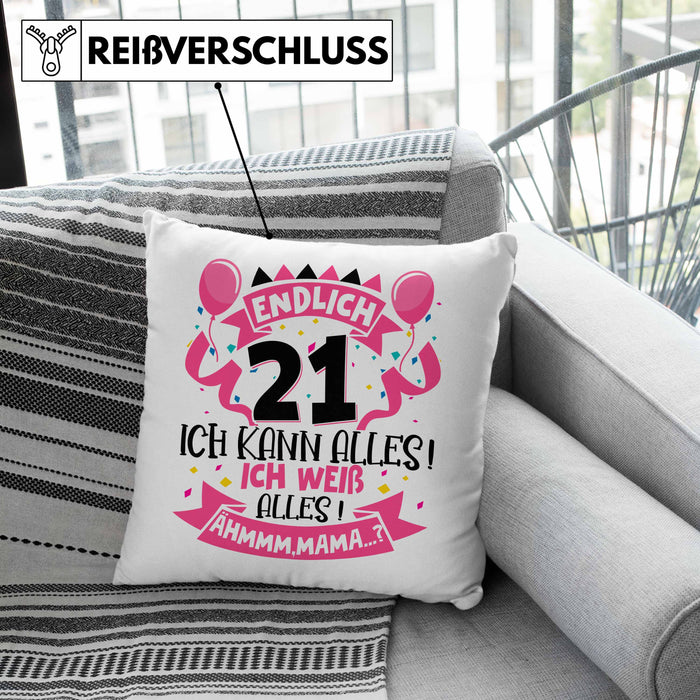 21. Geburtstag Geschenk Kissen mit Füllung 40x40 Frauen Mädchen Geschenkidee Endlich 21 Ich Kann Alles Ich Weiß Alles Ähm Mama (Grau) Rosa Trendation
