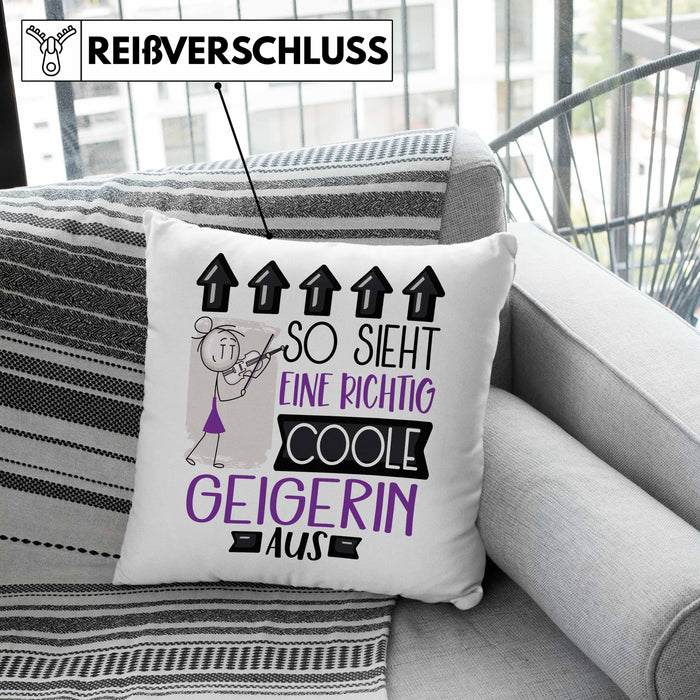 Geigerin Geschenk Kissen mit Füllung 40x40 Geschenkidee für Geigerin Geburtstag Weihnachten Spruch So Sieht Eine Richtig Coole Geigerin Aus (Grau) Rosa Trendation