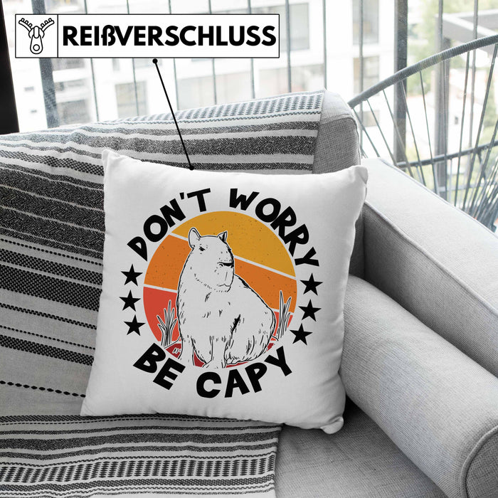 Don't Worry Be Capy Kissen mit Füllung 40x40 Capybara Tier Geschenk für Capybara Liebhaber (Grau) Rosa Trendation