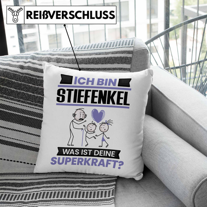 Stiefenkel Kissen mit Füllung 40x40 Geschenk für Stiefenkel Geburtstag Lustiger Spruch Was Ist Deine Superkraft (Grau) Blau Trendation