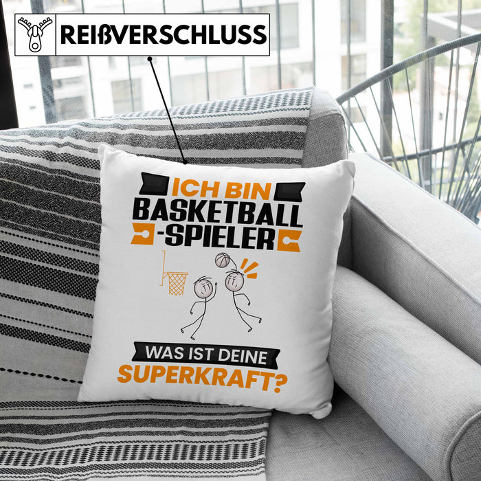 Basketballspieler Kissen mit Füllung 40x40 Geschenk für Basketballspieler Geburtstag Lustiger Spruch Was Ist Deine Superkraft (Grau) Grau Trendation
