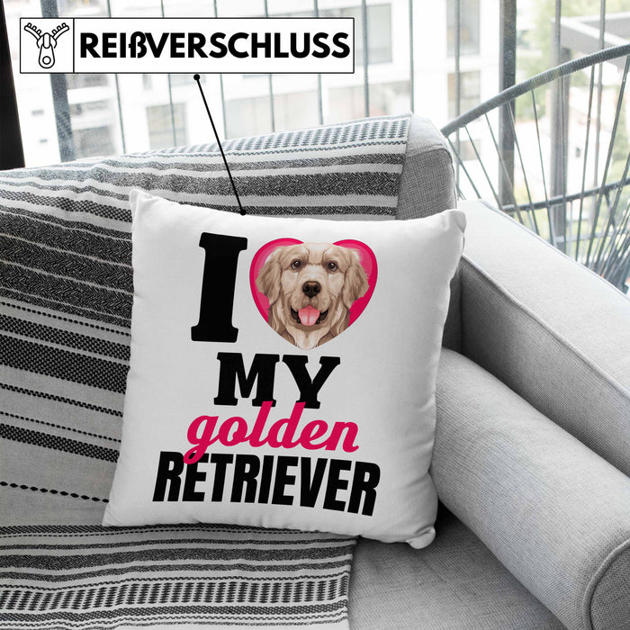 Golden Retriever Besitzerin Kissen mit Füllung 40x40 Geschenk Lustiger Spruch Geschenkidee I Love My Golden Retriever (Grau) Blau Trendation