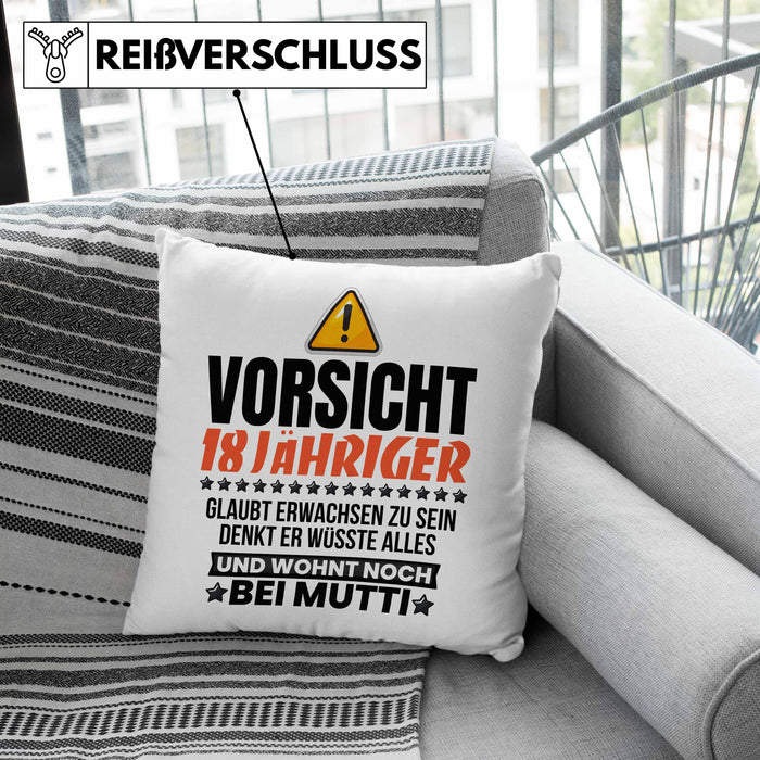 18. Geburtstag Kissen mit Füllung 40x40 Geschenk Jungs Männer Vorsicht 18 Jähriger Glaubt Erwachsen Zu Sein Wohnt Noch Bei Mutti (Grau) Rosa Trendation