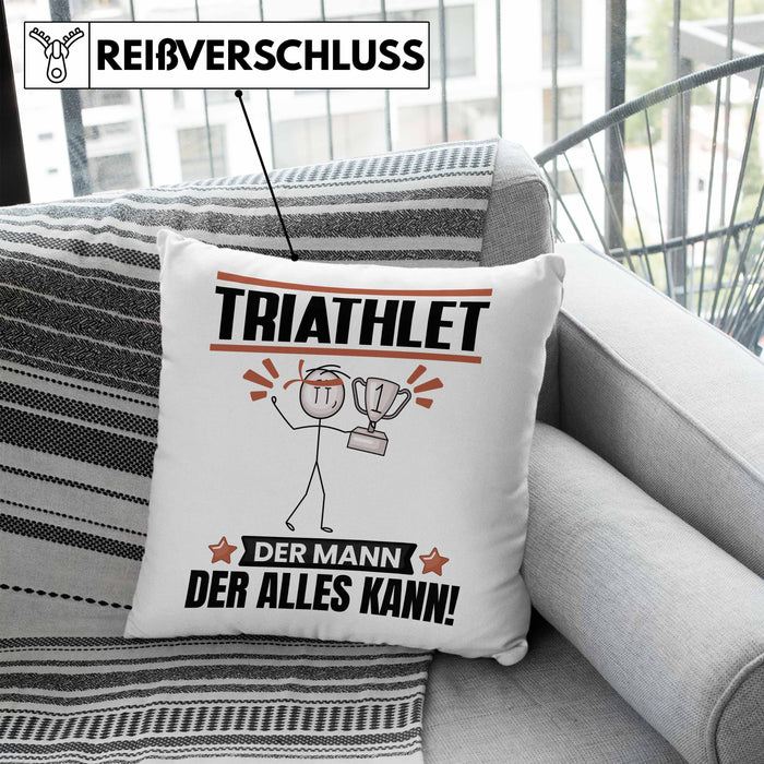 Triathlet Kissen mit Füllung 40x40 Geschenk für Triathlet Der Mann Der Alles Kann Geschenkidee zum Geburtstag (Grau) Blau Trendation