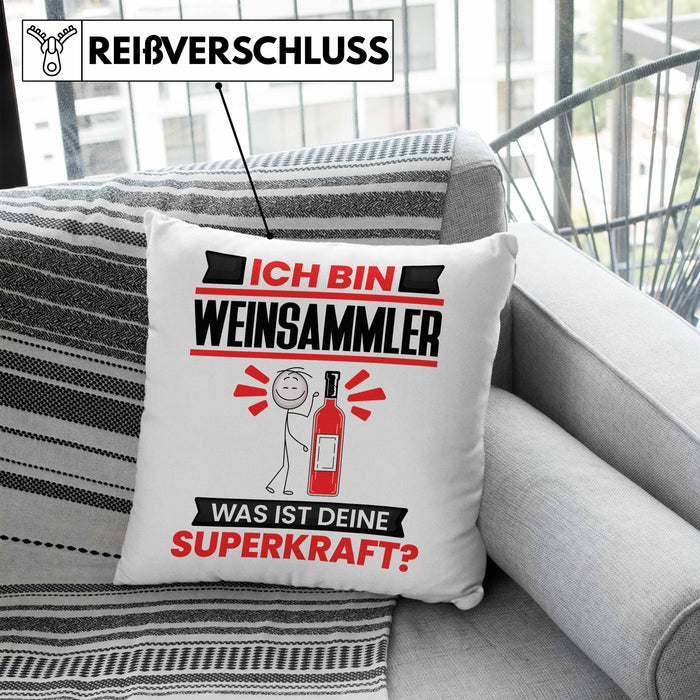Weinsammler Kissen mit Füllung 40x40 Geschenk für Weinsammler Geburtstag Lustiger Spruch Was Ist Deine Superkraft (Grau) Blau Trendation