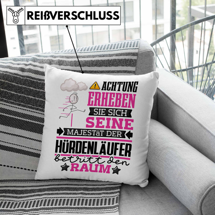 Hürdenläufer Geschenk Kissen mit Füllung 40x40 Lustiger Spruch Erheben Sie Sich Der Hürdenläufer Betritt den Raum (Grau) Rosa Trendation