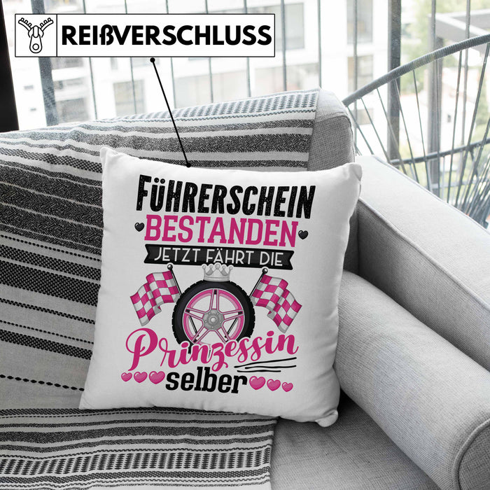 Führerschein Bestanden Geschenk Kissen mit Füllung 40x40 Bestandener Führerschein Jetzt Fährt Die Prinzessin Selber Motorrad Bike Fahrschule (Grau) Rosa Trendation