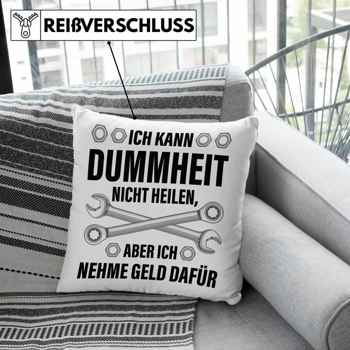 KFZ Mechaniker Geschenk Lustig Kissen mit Füllung 40x40 Automechaniker Handwerker Mechatroniker Werkstatt Kissen mit Füllung 40x40 (Grau) Grau Trendation