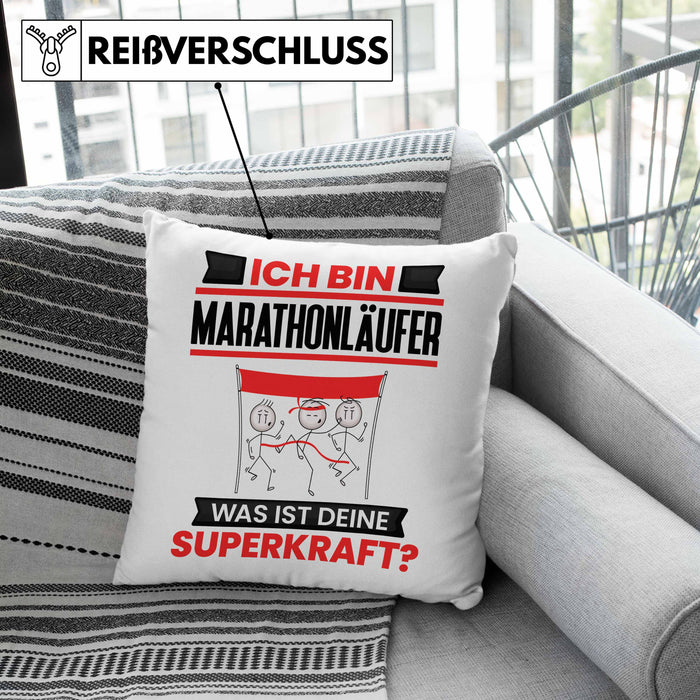 Marathonläufer Kissen mit Füllung 40x40 Geschenk für Marathonläufer Geburtstag Lustiger Spruch Was Ist Deine Superkraft (Grau) Grau Trendation