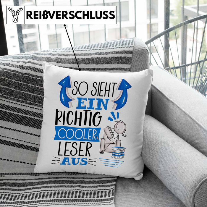 So Sieht Ein Richtig Cooler Leser Aus Geschenk Kissen mit Füllung 40x40 Lustiger Spruch Geschenkidee (Grau) Blau Trendation