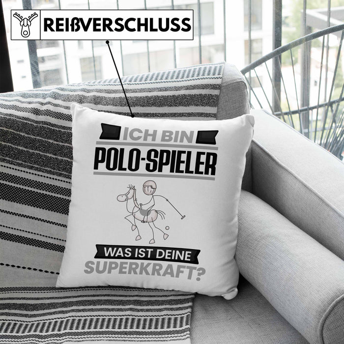 Polo-Spieler Kissen mit Füllung 40x40 Geschenk für Polo-Spieler Geburtstag Lustiger Spruch Was Ist Deine Superkraft (Grau) Blau Trendation