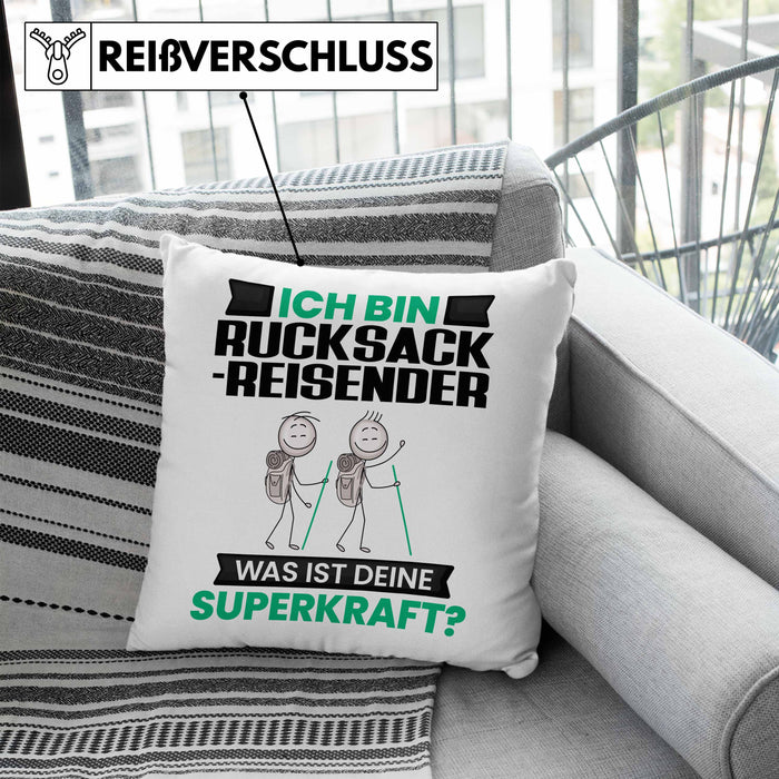 Rucksackreisender Kissen mit Füllung 40x40 Geschenk für Rucksackreisender Geburtstag Lustiger Spruch Was Ist Deine Superkraft (Grau) Blau Trendation