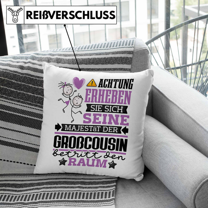Großcousin Geschenk Kissen mit Füllung 40x40 Lustiger Spruch Erheben Sie Sich Der Großcousin Betritt den Raum (Grau) Grau Trendation