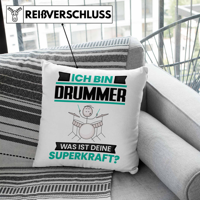 Drummer Kissen mit Füllung 40x40 Geschenk für Drummer Geburtstag Lustiger Spruch Was Ist Deine Superkraft (Grau) Blau Trendation