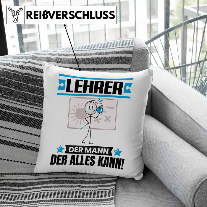 Lehrer Kissen mit Füllung 40x40 Geschenk für Lehrer Der Mann Der Alles Kann Geschenkidee zum Geburtstag (Grau) Blau Trendation