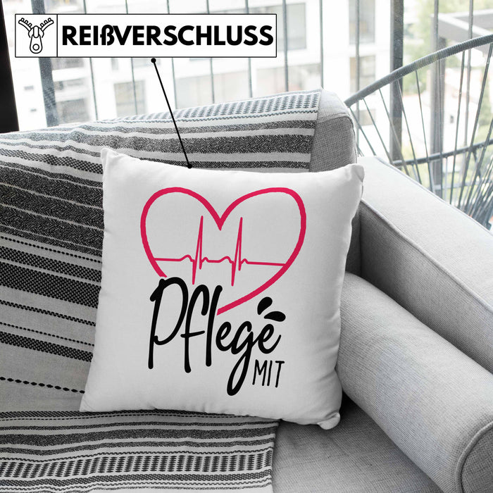 Geschenkidee Pfleger Kissen mit Füllung 40x40 "Pflege mit Herz" Grafik Pfleger Geschenk (Grau) Rosa Trendation