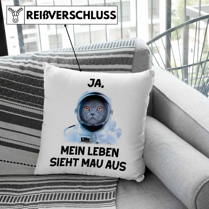 Dank Meme Kissen mit Füllung 40x40 Katzen Besitzer Wortspiel Ja Mein Leben Sieht Mau Aus Traurige Katze Geschenkidee Süße Katze Astronaut (Grau) Blau Trendation