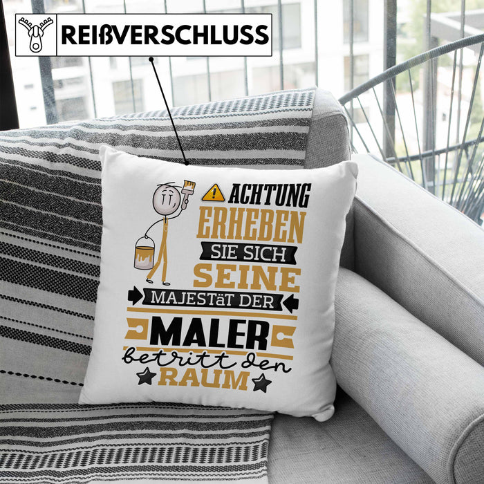 Maler Geschenk Kissen mit Füllung 40x40 Lustiger Spruch Erheben Sie Sich Der Maler Betritt den Raum (Grau) Blau Trendation