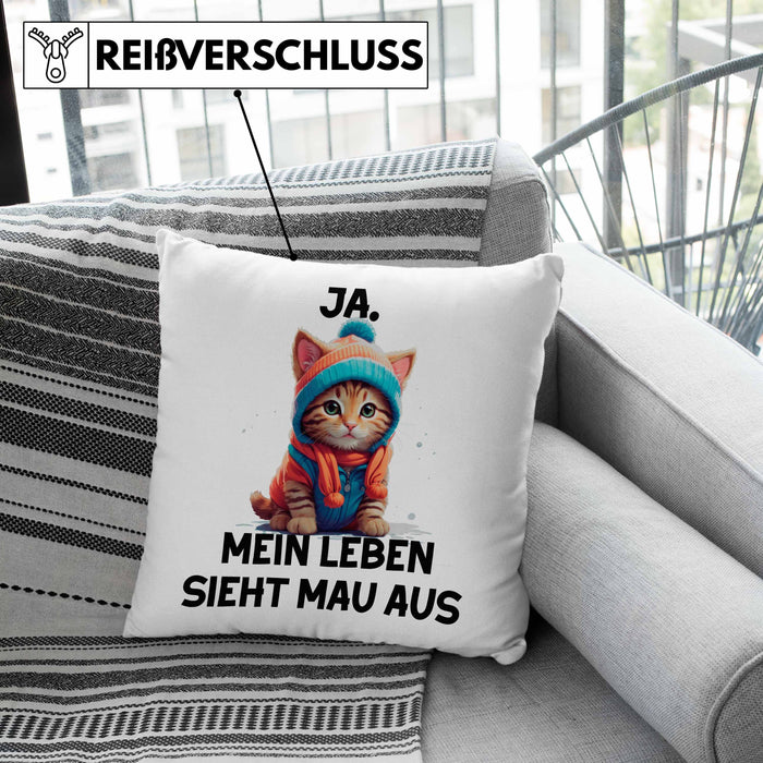 Dank Meme Kissen mit Füllung 40x40 Katzen Besitzer Wortspiel Ja Mein Leben Sieht Mau Aus Traurige Katze Geschenkidee Süße Katze (Grau) Rosa Trendation