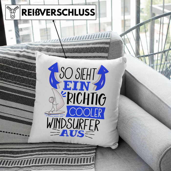 Windsurfer Kissen mit Füllung 40x40 Geschenk So Sieht Ein Richtig Cooler Windsurfer Aus Geschenkidee Spruch Lustig (Grau) Blau Trendation