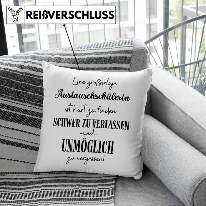 Austauschschülerin Abschied Geschenk Kissen mit Füllung 40x40 Abschiedsgeschenk für Austauschschülerin Hart Zu Finden Schwer Zu Verlassen (Grau) Blau Trendation