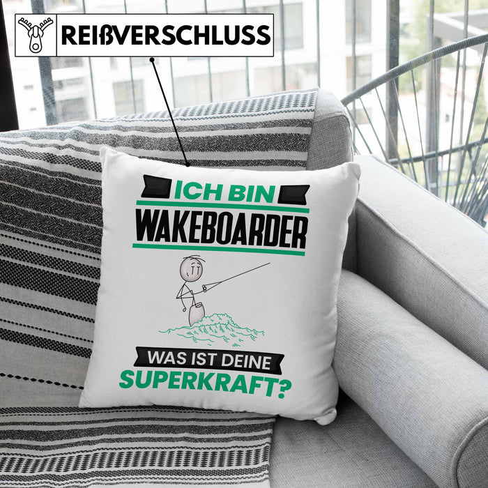 Wakeboarder Kissen mit Füllung 40x40 Geschenk für Wakeboarder Geburtstag Lustiger Spruch Was Ist Deine Superkraft (Grau) Rosa Trendation