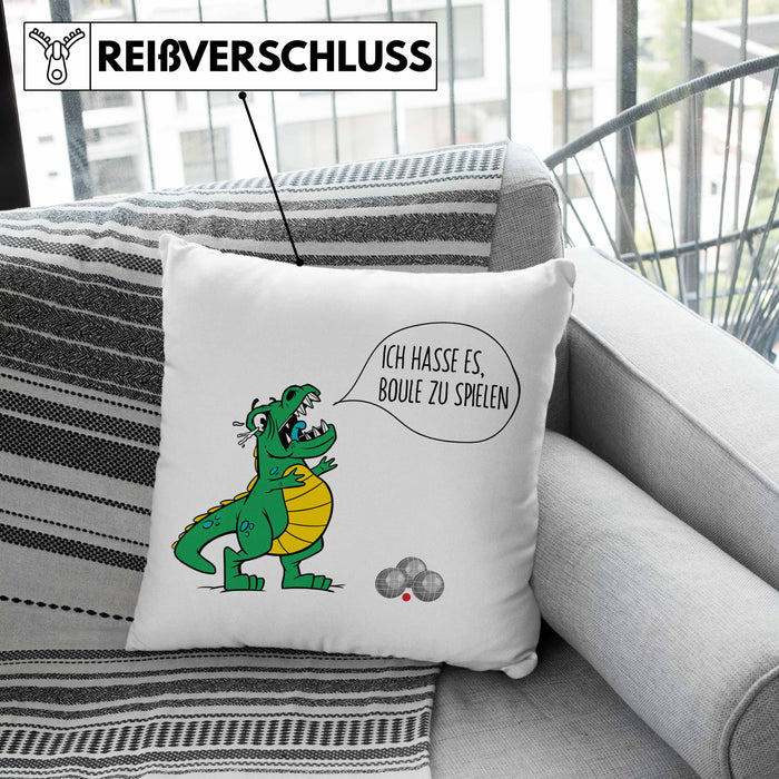 Boule Kissen mit Füllung 40x40 Geschenk Boule-Spieler Geschenkidee Spruch T-Rex Dino Ich Hasse Boule Spielen (Grau) Grün Trendation