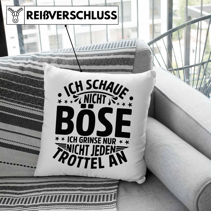 Lustiger Spruch Kissen mit Füllung 40x40 Humor Sarkasmus Ich Schaue Nicht Böse Ich Grinse Nicht Nur Jeden Trottel An (Grau) Rosa Trendation