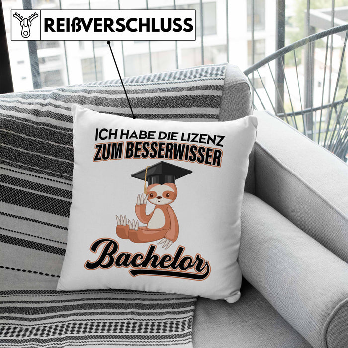 Bachelor Geschenk Abschluss Kissen mit Füllung 40x40 Spruch Master Abitur Abi Graduation Bestanden Prüfung Lizenz zum Besserwisser (Grau) Blau Trendation