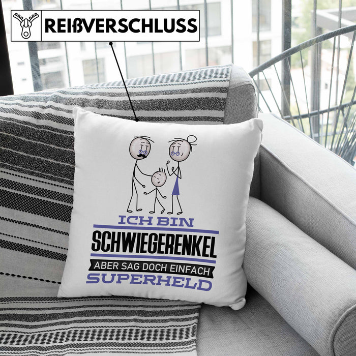 Schwiegerenkel Geschenk Kissen mit Füllung 40x40 Ich Bin Schwiegerenkel Aber Sag Doch Einfach Superheld Lustige Geschenkdiee für Schwiegerenkel (Grau) Rosa Trendation