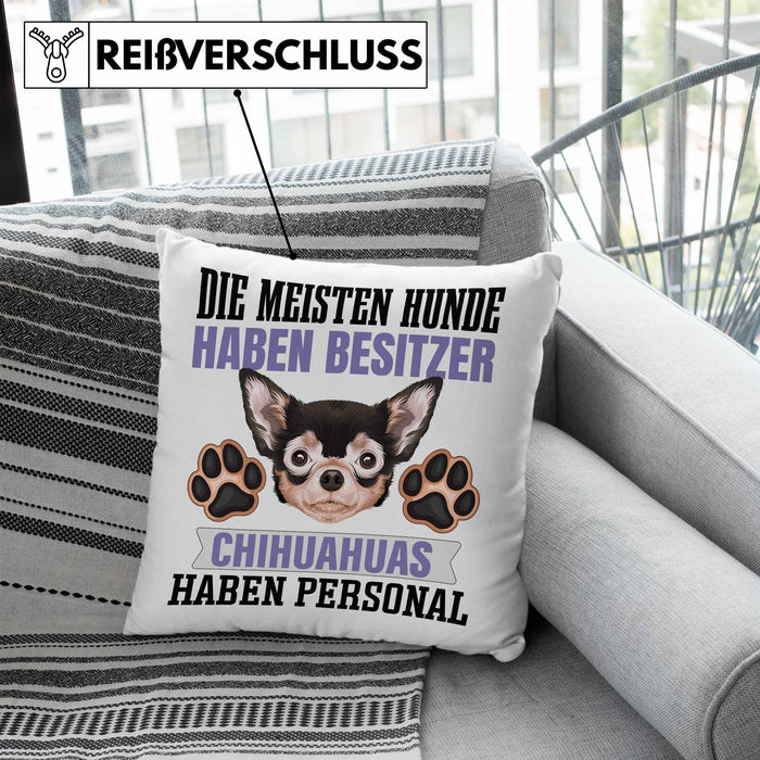 Chihuahua Besitzer Kissen mit Füllung 40x40 Geschenk Lustiger Spruch Geschenkidee Besitzerin Chihuahua Haben Personal (Grau) Blau Trendation