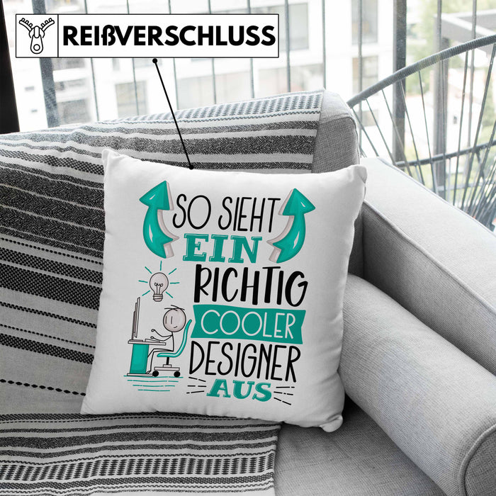 Designer Kissen mit Füllung 40x40 Geschenk So Sieht Ein RIchtig Cooler Designer Aus Geschenkidee Lustiger Spruch Geburtstag (Grau) Blau Trendation